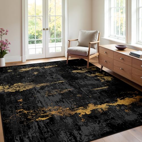 Washable 4'x5' Abstract Area Rug for Living Room Black Gold (Black/Gold / 4' x 5' (Rectangular))