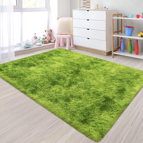 Small Tie Dyed Area Rug for Bedroom 3x5 Mini Green Fluffy Rug Mat Bedside Throw Rug for Kids Room Boys Teens Nursery Baby Dorm Living Room Home Decor Aesthetic Carpets (Tie-dyed Green / 3' x 5' (Rectangular))