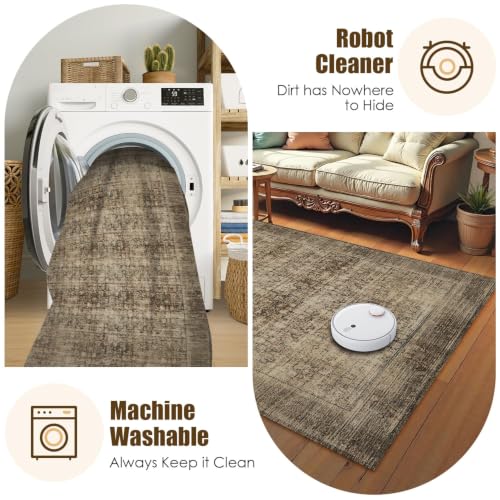 Washable Area Rug 4' x 6' Vintage Traditional Persian Mat (Mocha and Taupe / 4' x 6' (Rectangular))