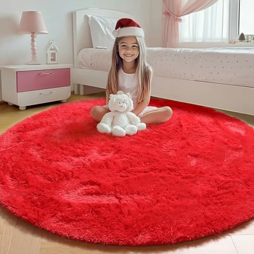 Red Fluffy Round Rug Circle Area Rugs 4ft for Kids Girls Boys Teen Bedroom (Red / 4' (Round))