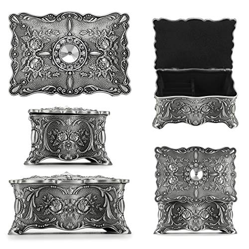 Vintage Trinket Jewelry Box for Ring Earrings Necklace Organizer (Small / Metallic Grey)