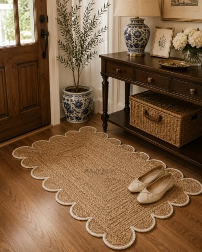 Scalloped Natural Jute Area Rug 3x5 Ft (3'x5' / Off-white)