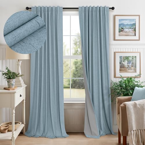 Dusty Stone Blue Completely Blackout Curtains Back Tab Loop Pocket Bedroom Draperies Window Treatment Soundproof Thermal Black Out Long Curtains for Living Room Nursery 52 x 102 Inch Length 2 Panels (Stone Blue / 52"W x 102"L (Pack of 2))