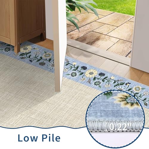 Entryway Rug 2x6 Modern Bordered Runner Rug Washable Kitchen Runners for Hallway Non (Beige/Blue / 2' x 6' (Rectangular))