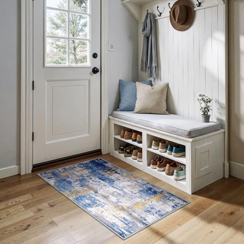 Washable 2'x4' Abstract Area Rug for Living Room Blue Gold (Blue/Gold / 2' x 4' (Rectangular))