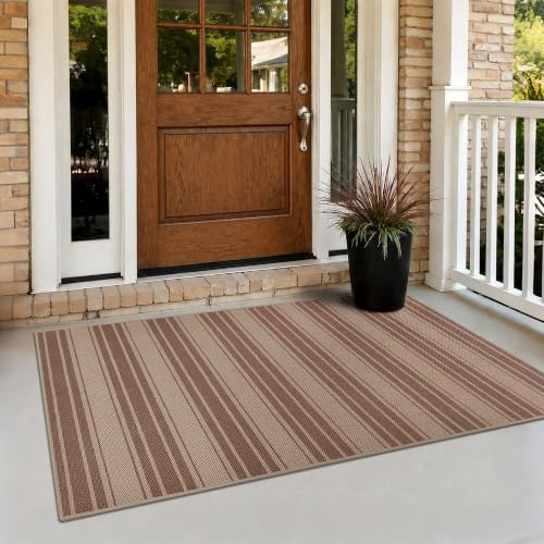 Striped Easy Jute 4x6 Outdoor Rug Washable Non Slip Khaki Rugs for Entryway Indoor Outdoor Farmhouse Neutral Front Door Mat for Backyard Patio Proch Living Room (4'*6'(Rectangular) / Brown/Striped)
