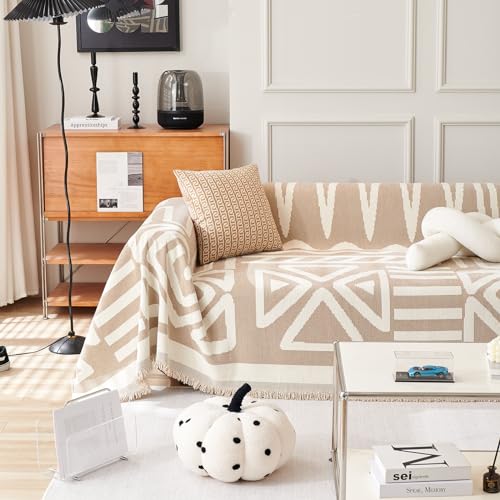 Sofa Covers for Sectional Sofa Set Boho Couch Cover for Dogs Khaki Throw Couch Cover with Tassel Loveseat Covers Futon Cover L Shaped Cover Washable Chenille Couch Protector (91" x 134" / T:khaki)