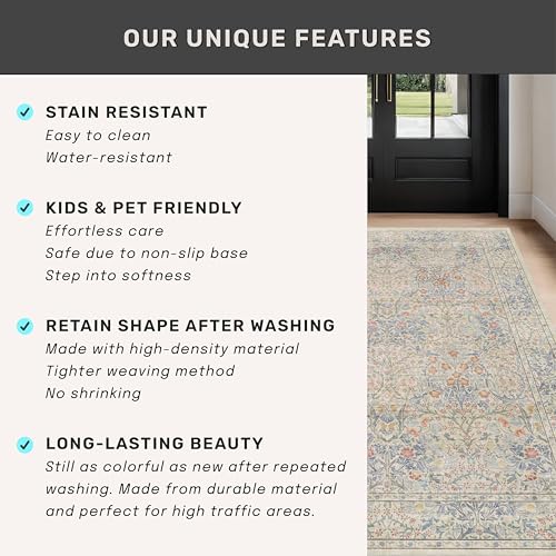 Non Slip Beige Blue Hallway Runner Rug (Beige Blue / 2' x 7' (Runner))
