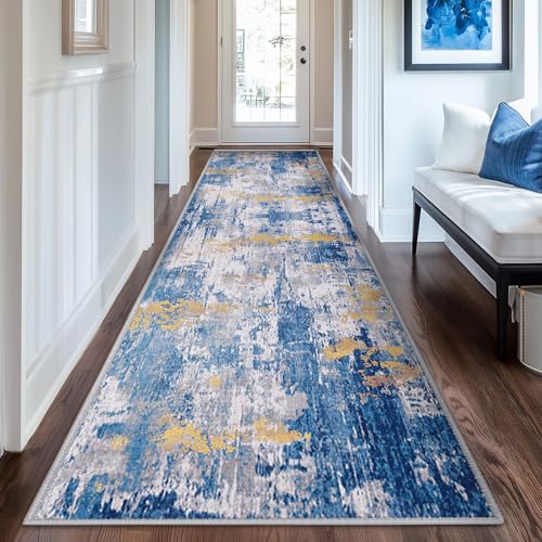 Washable Runner 2'x8' Abstract Area Rug for Hallway Blue Gold (Blue/Gold / 2' x 8' (Runner))