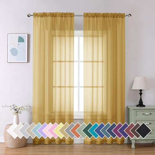 Gold Sheer Curtain 90 Inches Long 2 Panels Set (42"W x 90"L (Pack of 2) / Gold)