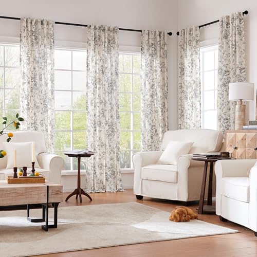 Vintage Floral Linen Curtains 120 Long for Living Room 2 Panels (Black on Beige / 50"W x 120"L (Pack of 2))
