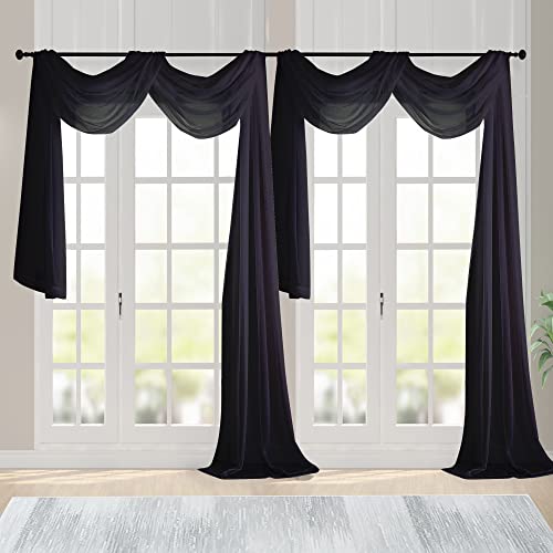 Black Sheer Scarf Valances for Windows 216 Inch Extra Long (Black / 42"W x 216"L (Pack of 2))
