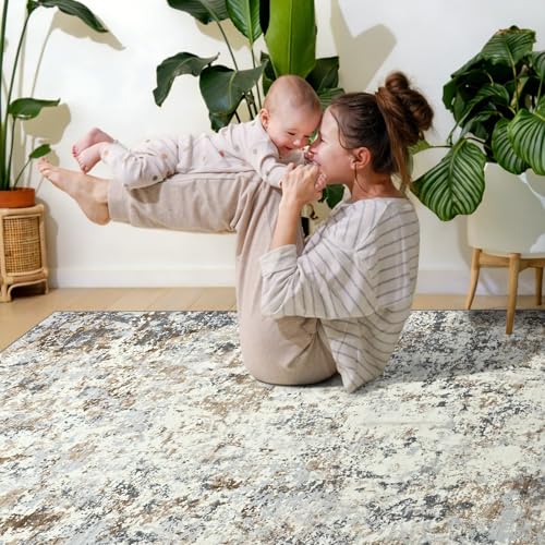Abstract Area Rug Modern Washable Rug Soft Non Slip Rug Low Pile for Bedroom Living Room Dining Room Brown (Brown Grey Gold / 5' x 7' (Rectangular))