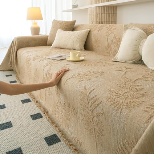 Washable Couch Covers for Sofa Boho Couch Covers for 3 Cushion Sofa Pet Friendly Camel Chenille Jacquard Couch Protector for Dogs Plant Branch Sectional Cover Sofa Slipcovers (71" x 134" / U: Camel)