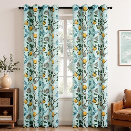 Green Floral Curtains 84 Inches Long Vintage French Country Grommet Botanical Hummingbird Woodland Jungle Victorian Patterned Mint Green Lemon Drapes for Bedroom Dining Living Room (Mint Green / 52"W x 84"L (Pack of 2))
