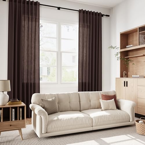 Coffee Brown Linen Curtains for Living Room 100 Inches Long Light Filtering Semi Sheer Curtain Back Tab Luxury Modern Rustic Home Decor Neutral Drapes for Bedroom Dinner Room 52x100 (52"W x 100"L (Pack of 2) / Coffee Brown)