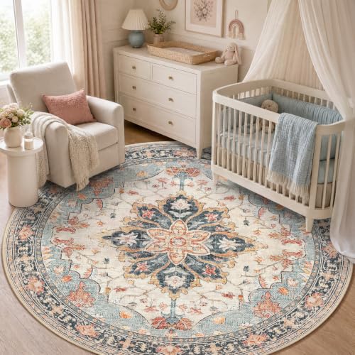 Washable Area Rug (Beige/Blue/Orange / 5' (Round))