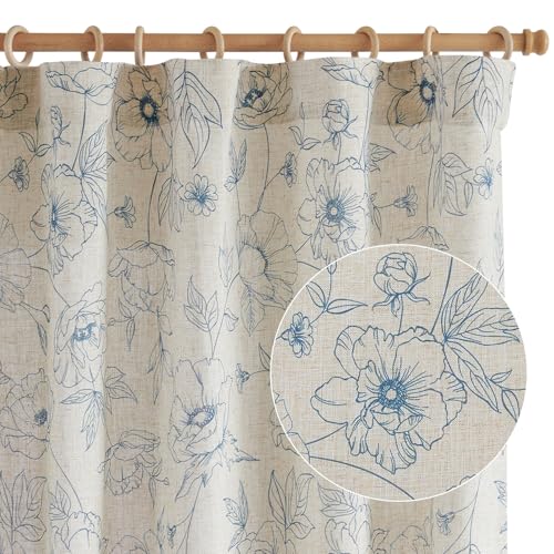 Floral Linen Curtains for Living Room 63 Inch Length Blue Flower Curtain Rod Pocket Back Tab Farmhouse Curtains with Printed Floral Bedroom Window Curtain Set (Penny Blue on Ecru / 50"W x 63"L (Pack of 2))
