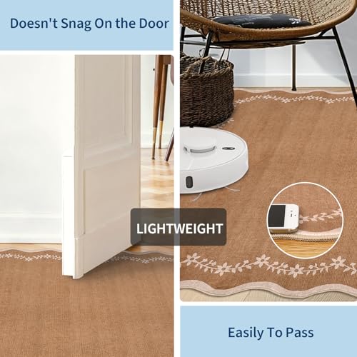Round Area Rug 5ft Scalloped Washable Circle Rug for Bedroom (Brown / 5' (Round))