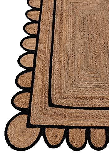 Scalloped Natural Jute Area Rug for Bedroom Living Room (Black / 2' x 4' (Scalloped))