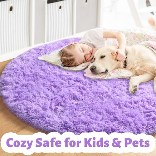 Purple Fluffy Round Kids Area Rug 5Ft for Girls Bedroom Nursery (Purple / 5' (Round))