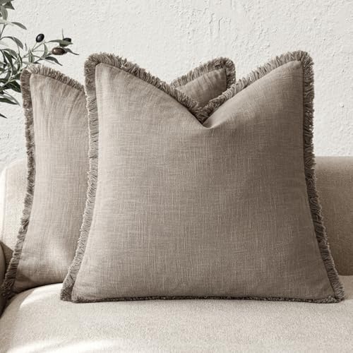 Decorative Linen Fringe Throw Pillow Covers 18×18 Inch (18" x 18" (Pack of 2) / Dune)