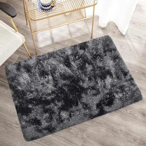Small Tie Dyed Area Rug for Bedroom 2x3 Mini Black Grey Fluffy Rug Mat Bedside Throw Rug for Kids Room Boys Teens Nursery Baby Dorm Living Room Home Decor Aesthetic Carpets (Tie-dyed Black Grey / 2' x 3' (Rectangular))