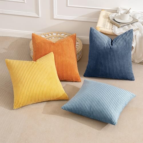 Soft Corduroy Decorative Throw Pillow Covers Blue (18" x 18" (Pack of 4) / Blue-orange)