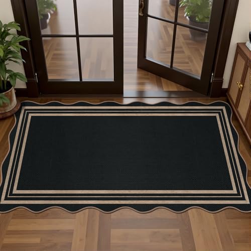 Scalloped Easy Jute Black Rug (2'x4' (Rectangular) / Black Geometric)