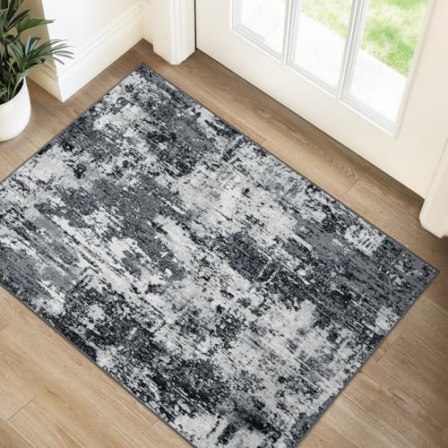 Washable 2'x3' Abstract Area Rug for Living Room Black White (Black/Navy Blue/Gray / 2' x 3' (Rectangular))