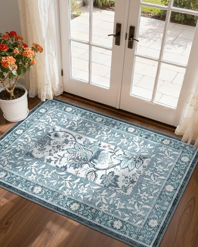 Mist Blue 2x3 Door Mat Indoor Rugs for Entryway Provence Small Botanical Grove Cottagecore Washable Non (Oriental Misty Blue / 2' x 3' (Rectangular))