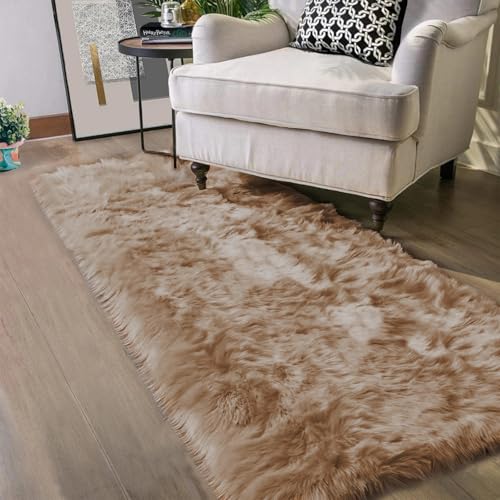 Brown Beige 2x5 Washable Small Rug Faux Sheepskin Fur Rug Fluffy Shag Rugs for Living Room Bedroom Dorm Furry Plush Rugs Cute Room Decor (2' x 5' (Runner) / Beige)