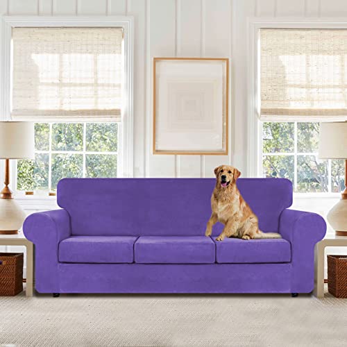 4 Pieces Couch Cover for Sofa Velvet Sofa Covers Washable (Large / Purple)