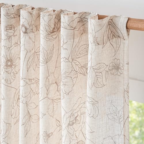 Floral Linen Curtains for Living Room 63 Inch Length Taupe Flower Curtain Rod Pocket Back Tab Farmhouse Curtains with Printed Floral Bedroom Window Curtain Set (Penny Taupe on Ecru / 50"W x 63"L (Pack of 2))