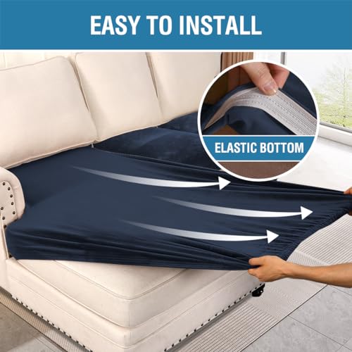 Velvet Stretch Sectional Couch Covers 3 Pieces Sofa Seat Cushion Covers L Shape Separate Cushion Couch Chaise Cover for Both Left (Navy / 2 Seater + Chaise)