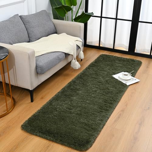 Fluffy Runner Rug for Bedroom Living Room (2' x 6' / Olive Green)