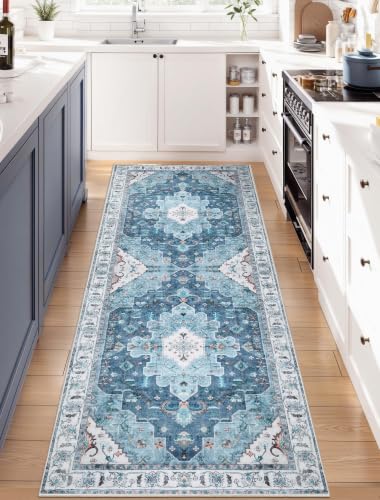 2x6 Washable Non Slip Boho Runner Rug for Hallway (Vintage Blue / 2' x 6' (Runner))