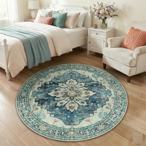 Washable Area Rug (Blue/Vintage Dark Blue / 4' (Round))