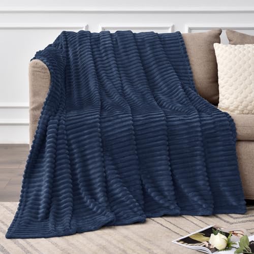 3D Ribbed Navy Blue Fleece Throw Blanket for Couch (Navy / Throw XL(50"x70"))