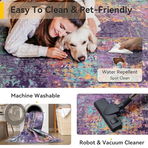 Washable Runner 2'x10' Abstract Area Rug for Hallway Purple Multi (Purple/Orange/Teal/Green/Red / 2' x 10' (Runner))