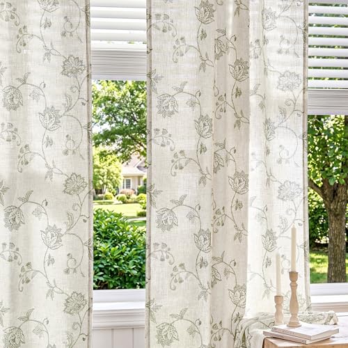 Green Floral Linen Curtains 84 Inch Vintage Back Tab 2 Panels (Floral Green / 50"W x 84"L (Pack of 2))