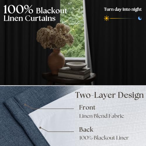 Navy Blue 108 Inch Pinch Pleated Blackout Linen Bedroom Curtains 2 Panels (Navy / 40"W x 108"L (Pack of 2))