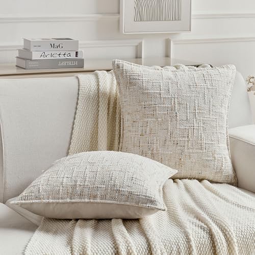 Pack of 2 Tweed Chenille Throw Pillow Covers 24x24 Inch (Cream / 24" x 24" (Pack of 2))