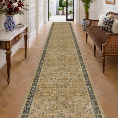 Washable Earthy Tone 3x20 Extra Long Hallway Runner Rug (3' x 20' (Runner) / Rustic Brown / Charcoal Olive)