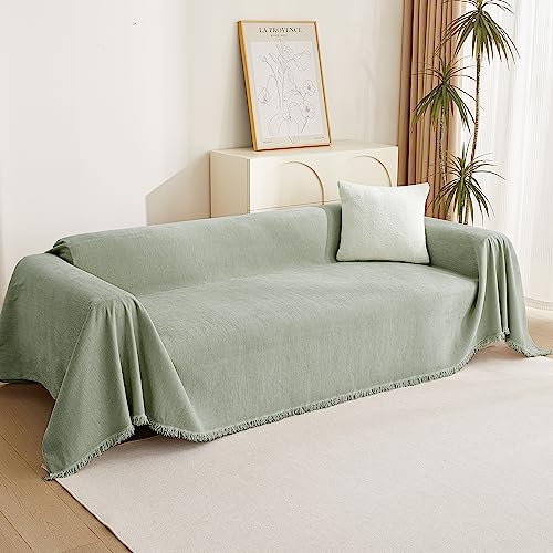 Chenille Sofa Slipcovers Sage Green Sofa Covers with Tassel Edge L Shaped Sectional Couch Covers for 3 Cushion Couch (91" x 134" / Tassels Edge-sage)