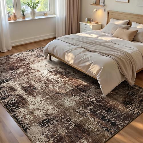 Living Room Rug 5x7 Brown Area Rug Machine Washable Boho Coffee Rug Non Slip Abstract Vintage Indoor Large Rugs for Bedroom (Brown / 5' x 7' (Rectangular))