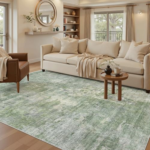 Abstract Rug 5x7 Washable Area Rugs for Living Room (Green/Ivory / 5' x 7' (Rectangular))