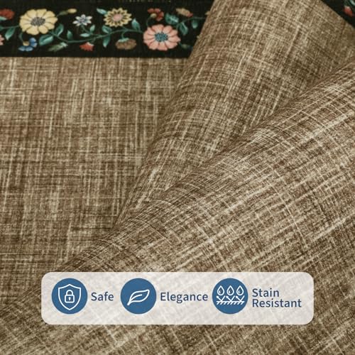 Washable Living Room Rug 9x12 Floral Bordered Area Rugs Soft Thin Indoor Carpet for Bedroom Modern Throw Aesthetic Mat Non Slip Stain Resistant Carpet for Dining Room Office (Black/Brown Flax / 9' x 12' (Rectangular))