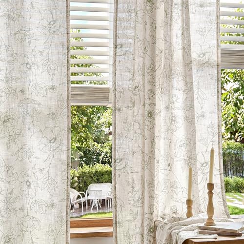Floral Linen Curtains for Living Room 96 Inch Length Green Flower Curtain Rod Pocket Back Tab Farmhouse Curtains with Printed Floral Bedroom Window Curtain Set (Penny Green on Ecru / 50"W x 96"L (Pack of 2))