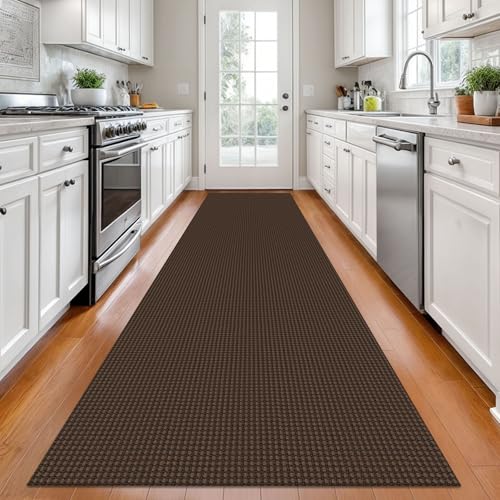 Long Runners for Hallways 2.6x12 ft Washable Kitchen Runner Non Slip Rubber Backed Hallway Rugs Cotton Entryway Runner Rug Floor Carpet for Indoor Hall (Reddish Brown/Coffee / 2'8" x 12' (Runner))